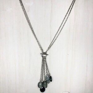 Beaded Chain Dangle Pendant Necklace Silver Tone